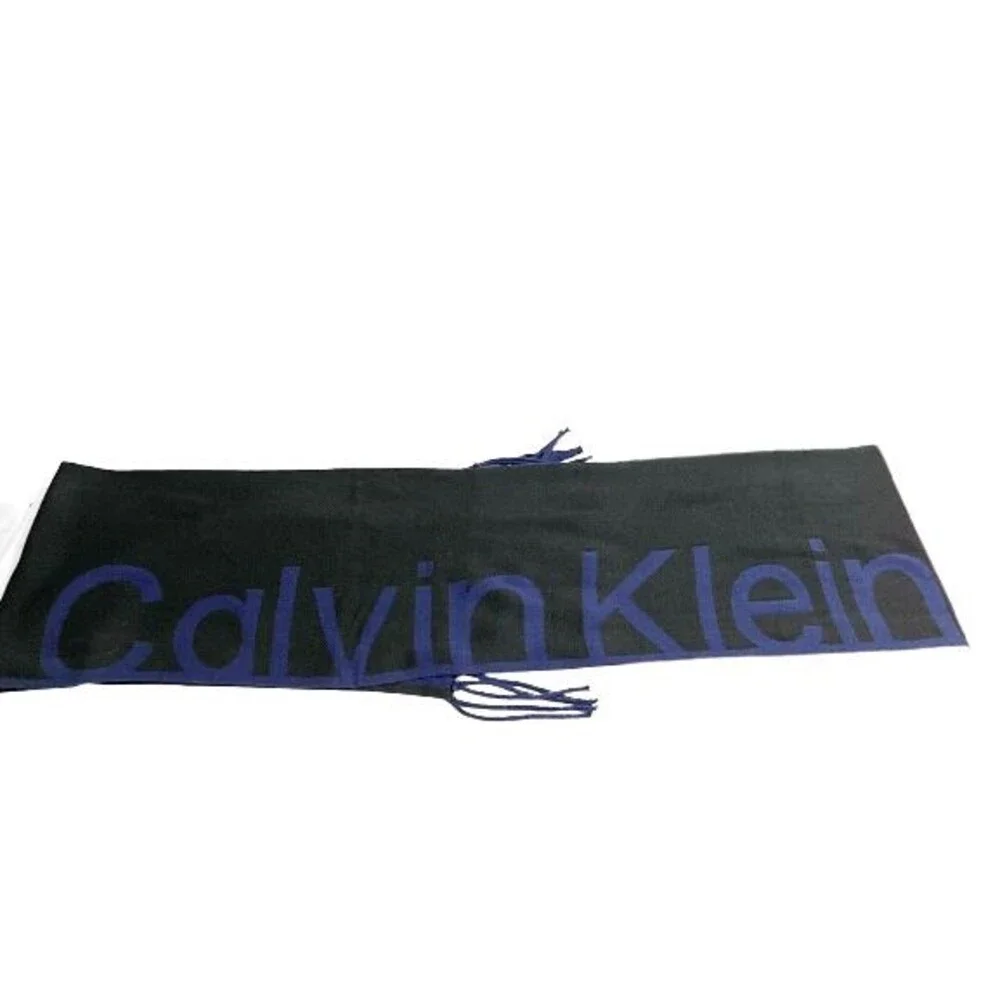 Men's Scarf Black/Blue Reversible Knit Fringe Double Thick Calvin Klein NEW GIft